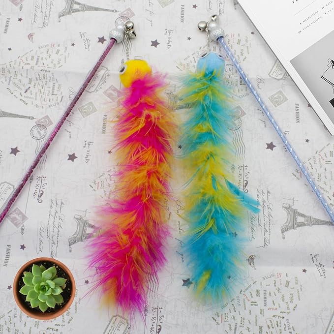 Andiker Cat Feather Toys, 2PCS Cat Wand Toys with Bell&Plush Balls, 12in Colourful Interactive Kitten Teaser Toy, Funny Interactive Cat Toys for Cat Indoor Playing Training Chasing (Red + Green)