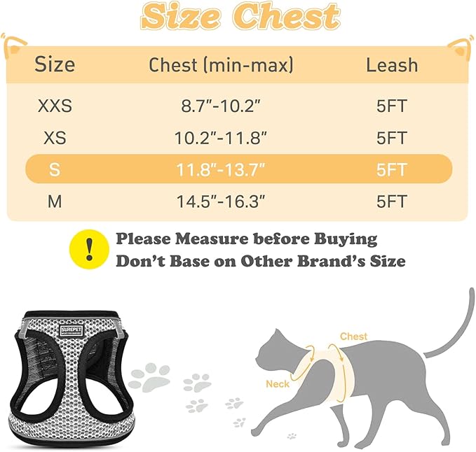 Cat Harness and Leash for Walking Escape Proof, Adjustable Kitten Vest Harness Reflective Soft Mesh Puppy Harness for Outdoor, Comfort Fit, Easy to Control (Gray, S)