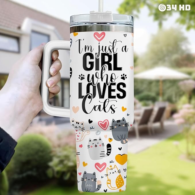 34HD Just A Girl Who Loves Cats Tumbler with Handle and Straw, 40oz Stainless Steel Vacuum Insulated Coffee Mug with Cats, Cat Mom Gifts for Women Birthday Mothers Day Christmas