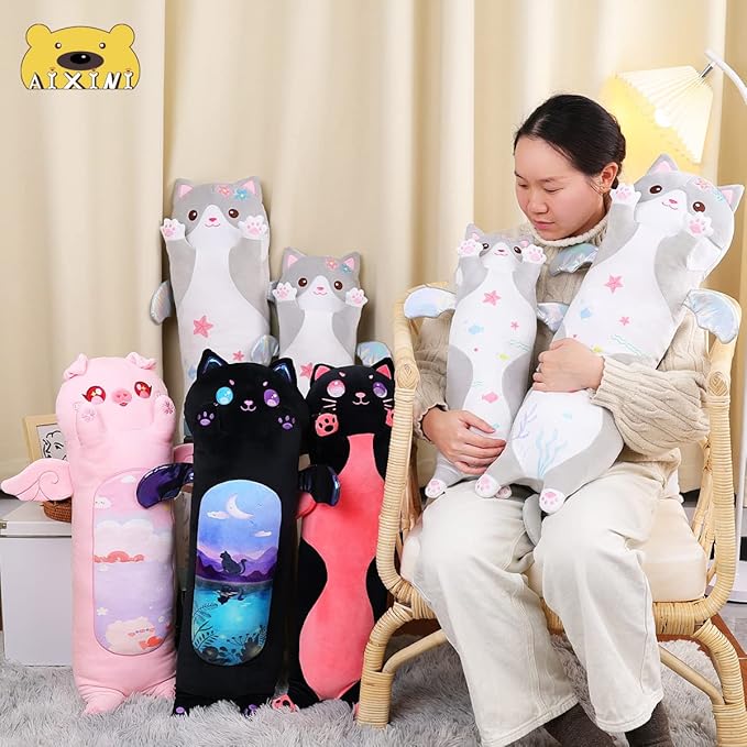 AIXINI Long Cat Plush Pillow Cartoon Cute Gray Cat Stuffed Animals, Soft Kawaii Kitten Plushies Pillow Toy for Kids (Gray,19.7inch)
