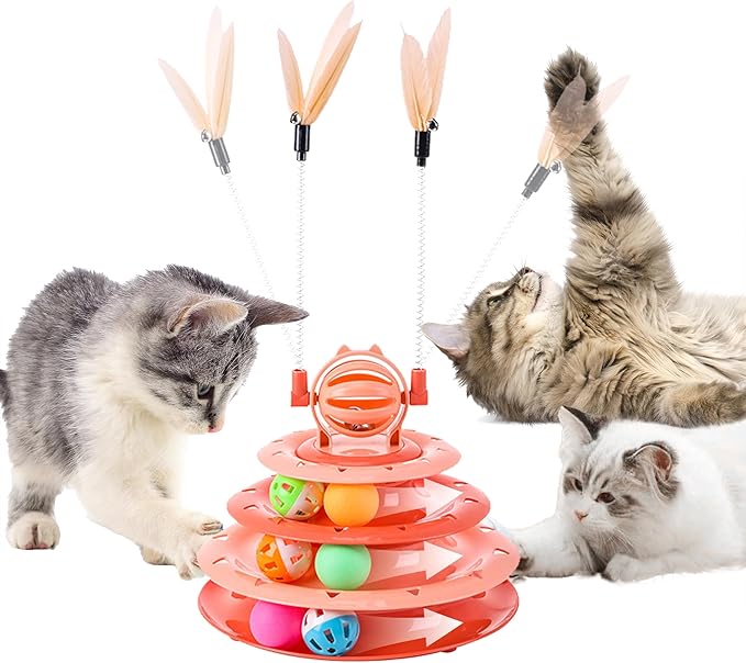 2 in 1 Cat Interactive Toy Roller 3-Level Turntable Cat Toy Cat Slow Feeder Food Dispenser Cat Kitten Wand (RED)