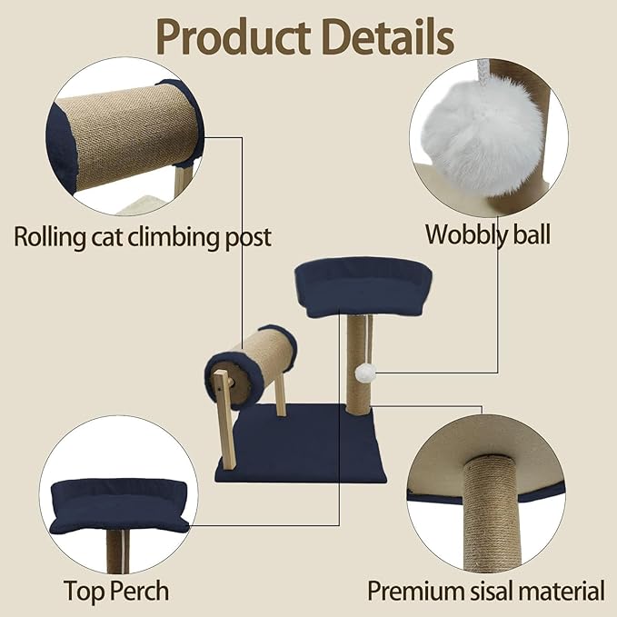 kathson Cat Climbing Frame Kitten Scratching Post,Small Cat Tree Sisal Pillar Villa for Indoor General Nest for Cat Nest Four Seasons Cat Scratch Post Platform Roll Toy for Kitty (Blue)