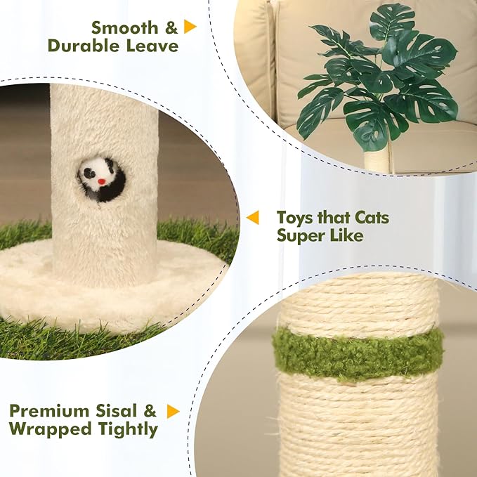 Cat Scratching Posts Cat Trees 35.43" Tall with Sisal Rope Cat Toy and Hanging Ball for Indoor,Wooden Palm Tree Cat Scratch Pole for All Cat（White