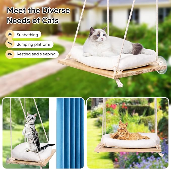 Cat Window Perch, Cat Hammock Window Seat with Cushion Bed Cover - Solid Wood Seat & Strong Suction Cups - Hanging Cat Window Bed Cat Shelf for Small Medium Indoor Cats
