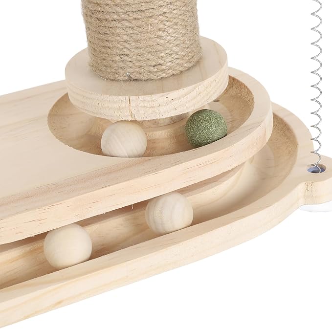 Cat Toy Cat Scratching Post 2 Layer Ball Track Kitten Scratcher Cat Toy, Sturdy Pine Hemp Cat Scratch Post Interactive Toy with Wood Ball, Suction Cup Base Cat Scratcher Toy