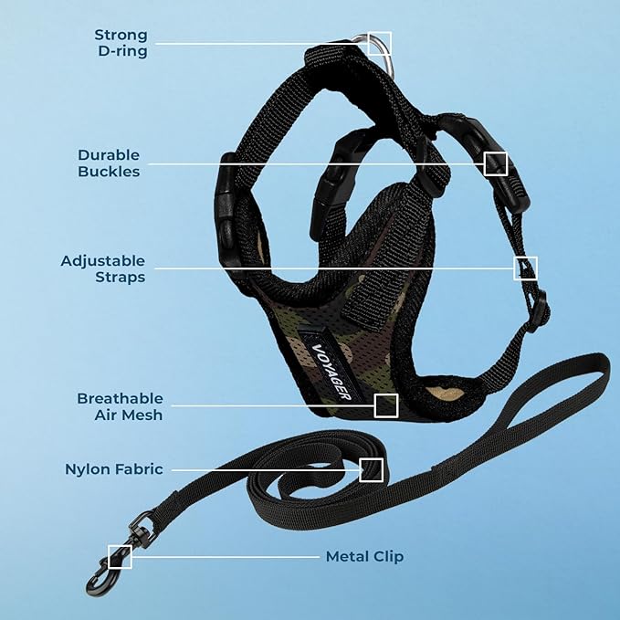 Voyager Step-in Lock Adjustable Cat Harness w. Cat Leash Combo Set with Neoprene Handle 5ft - Supports Small, Medium and Large Breed Cats by Best Pet Supplies - Army/Black Trim, XXS