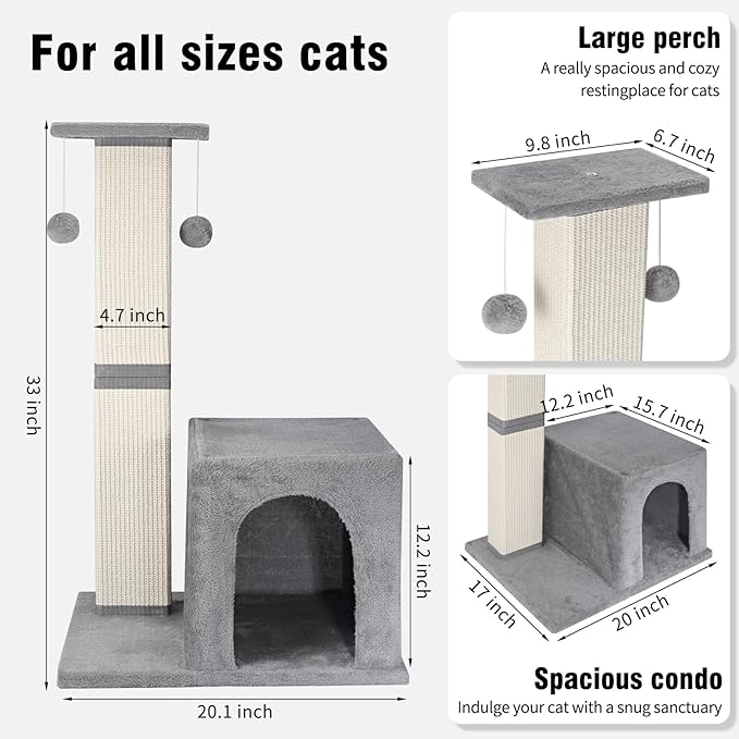 Cat Scratching Post,33-Inch Tall Scratching Posts for Indoor Cats Adults,Cat Tree with Modern Activity House,Heavy Duty Scratching Post with Jumping Platform,Grey