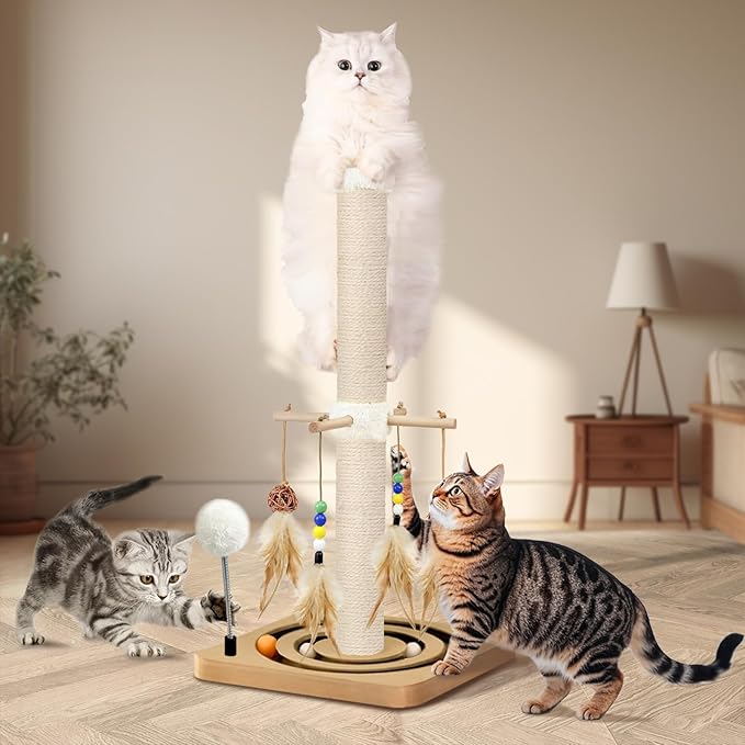 Cat Scratching Post, Sisal Scratching Posts for Indoor Cats Adults, 2 Mounting Methods Cat Scratcher with Hanging Ball and Interactive Toys for Kitten Cats, 25 inches