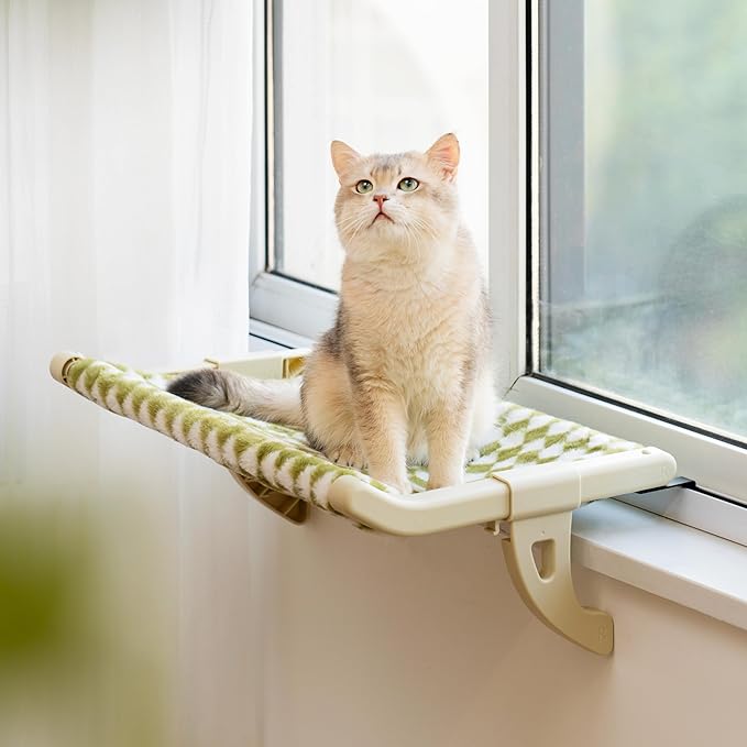 MEWOOFUN Cat Window Sill Perch for Indoor Cats, One-Step Sliding Clamping Slot Adjustment Cat Window Hammock with Removable Covers, Cat Bed for Windowsill & Bedside (Green, Large)