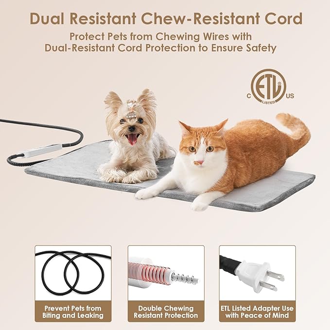 EHEYCIGA Heated Cat Bed Indoor, 6 Adjustable Temperature Dog Cat Heating Pad with Timer, Pet Heating Pad for Cats with Chew Resistant Cord, Waterproof Cat Heating Pad for Winter, 28"x16", Grey