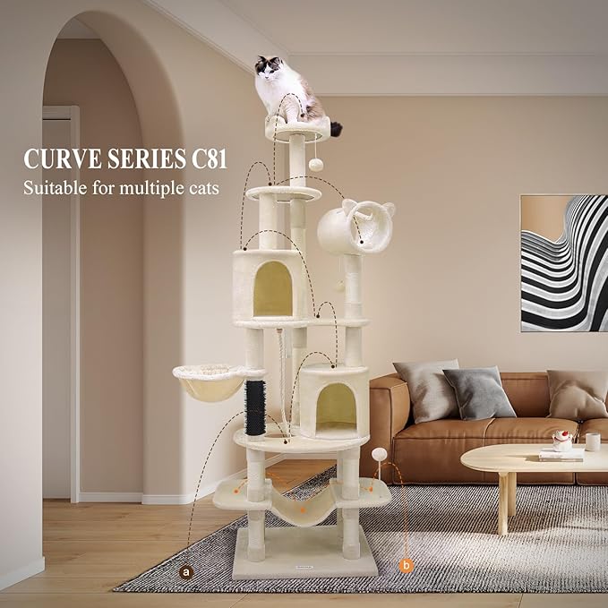 C81 Artistic Curved Cat Tower for Small Cats(Under 12 lbs), 81-inch Slim Design Cat Tree with Space-Saving Design, Indoor Cat Condo with Hammock & Tunnel, Beige, Non-Large Cats