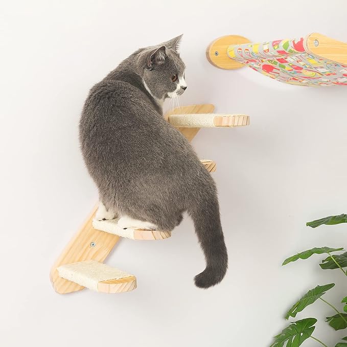 Cat Wall Steps Shelves Cat Climbing Shelf Reversible Wall Mounted, Wooden Four Step Cat Stairway with Scratching Sisal Rope for Cats Perch Platform Supplies Large Cats Scratching Post Activity Tree