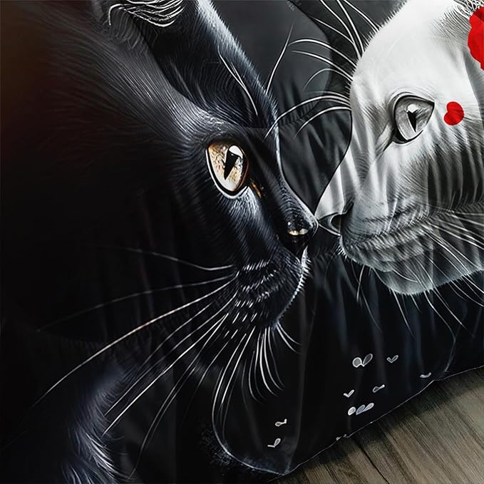 AILONEN Rose Cat Comforter Set Queen Size, Black & White Cat Couple Bedding Set for Kids Boys,Valentine Room Decor Romantic Duvet Set 3 Pieces, 1 Quilt and 2 Pillowcases