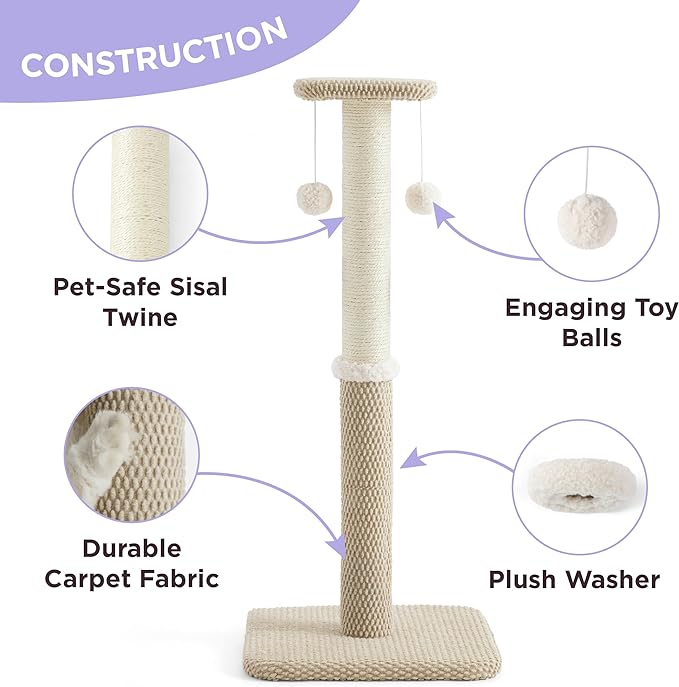 Lesure 29" Tall Cat Scratching Post - Premium Sisal Rope Highly Resistant Carpet Scratching Posts for Indoor Cats Adults, Sturdy Large Cat Scratch Pole with Hanging Ball, Beige