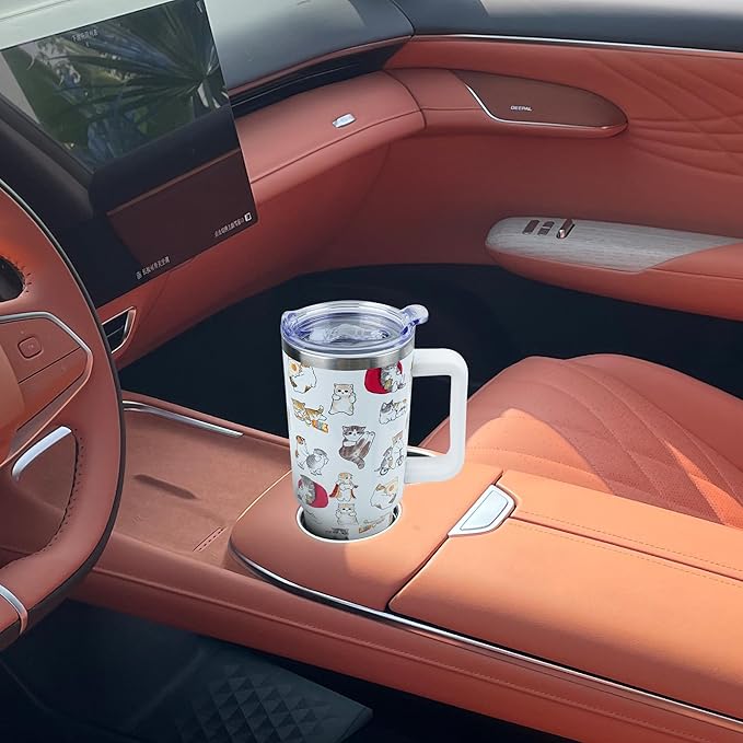 40 oz Tumbler with Handle and Straw, Stainless Steel Insulated Cup with Leak Proof Lid and Straw Lid, Keep Drinks Cold and Hot for Hours(Cat)