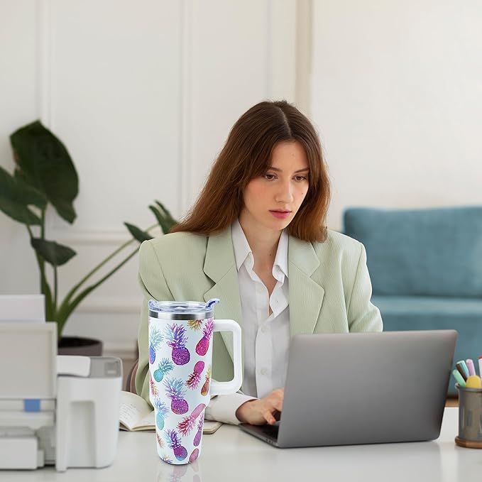 40 oz Tumbler with Handle and Straw, Stainless Steel Insulated Cup with Leak Proof Lid and Straw Lid, Keep Drinks Cold and Hot for Hours(Pineapple)