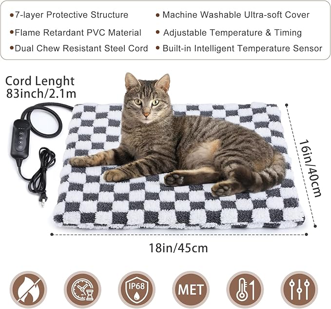 MIXJOY Heated Cat Bed, 11 Adjustable Temperature Cat Heating Pad Indoor with Timer, Pet Heating Pad for Cats Dogs, Electric Dog Heating Pad with Washable Cover, Heated Pet bed-18''x16'', Small