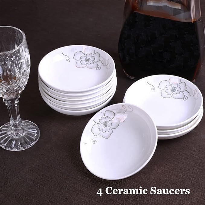 4 Pack Saucer Dishes with Flower Pattern, Ceramic Dipping Bowls, 4 Inch Side Dishes Sauce Dishes for Sushi Sauce Snack, Porcelain Seasoning Dishes Appetizer Plates, Snack Serving Dishes
