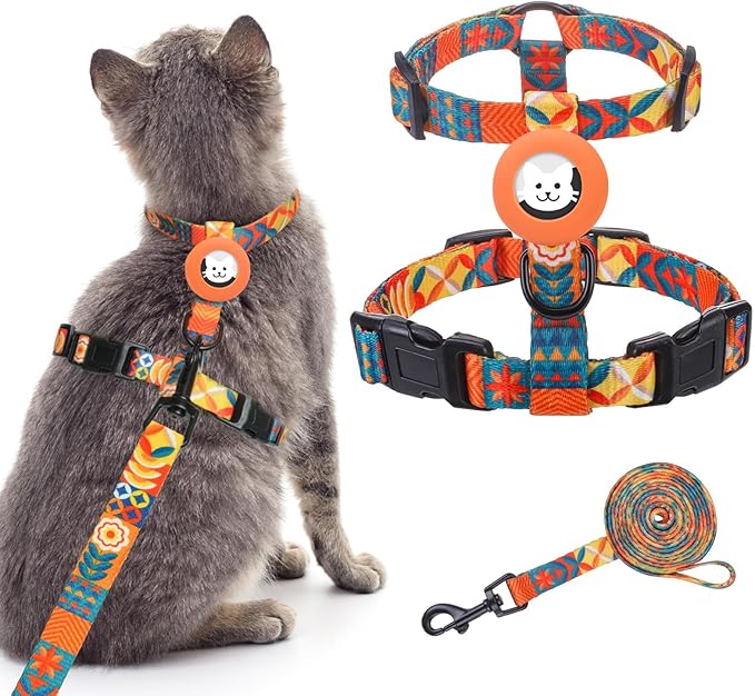 BINGPET Cat Harness and Leash Set Escape Proof for Walking,Adjustable Kitten Harness with Airtag Holder for Small Medium Large Cats,Easy Control Lightweight Harness with Safety Buckle Outdoor (Orange)