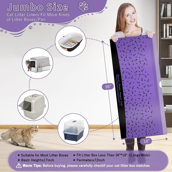 80 Count Jumbo Cat Litter Box Bags, 36" x 18" Drawstring Liners, Heavy Duty and Extra Large, Easy Clean Up, Kitty Waste Bag For Pet Supplies