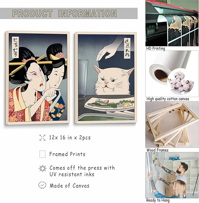 2pcs Funny Cute Canvas Painting Japanese Woman Yelling at Cat Eating Food Poster Print Vintage Wall Art Meme Picture Dining Room Kitchen Ready to Hang 12x16 Inches…