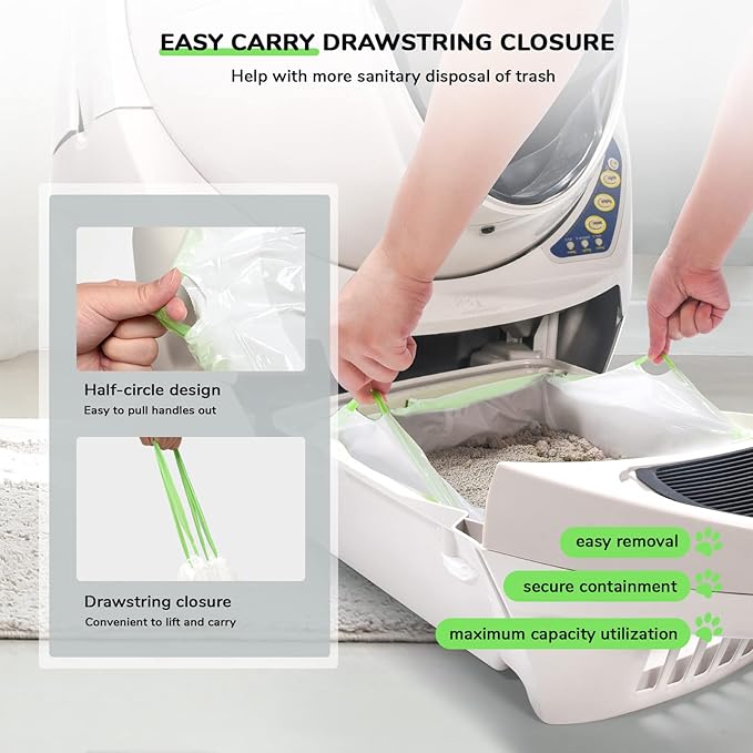 65 Count Litter Box Liner Bags for Auto Litter Box Robot 3 4, Drawstring Self Cleaning Litter Drawer Liners Replacement, Durable Cat Waste Bags, Unscented