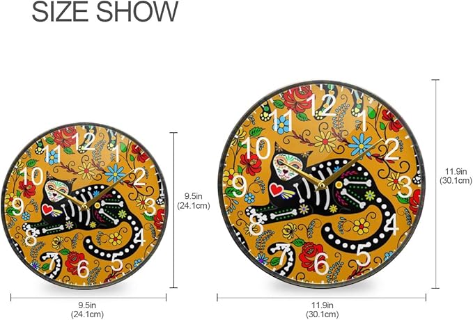 ALAZA Calavera Sugar Skull Black Cats Mexican Day of The Dead Wall Clock Battery Operated Silent Non Ticking Clocks for Living Room Decor 12 Inch / 9.5 Inch