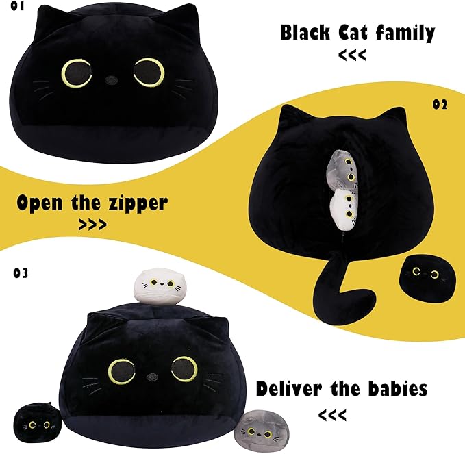 4PCs Black Cat Plush Toy 16'' Black Cat Pillow with 3 Babies, 3D Black Cat Plushies Pillow Baby Cute Plush Toys Shape Cat Design Sofa Fat Pillow Gifts for Boys Girls