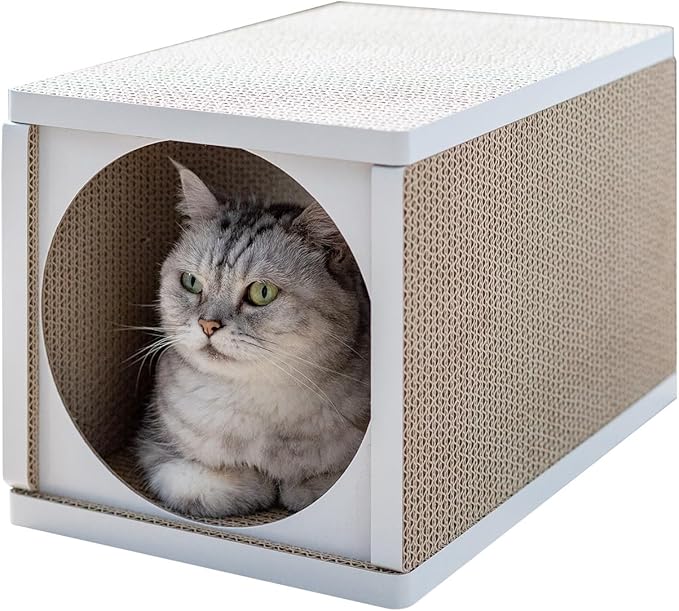 Cat Scratcher Tunnel, Cardboard cat House, Scratching Post for Indoor Cats, 360 Degree Comfort, Durable Design, Odor-Free, Easy Assembly, Perfect for Playful Kittens and Adult Cats, White
