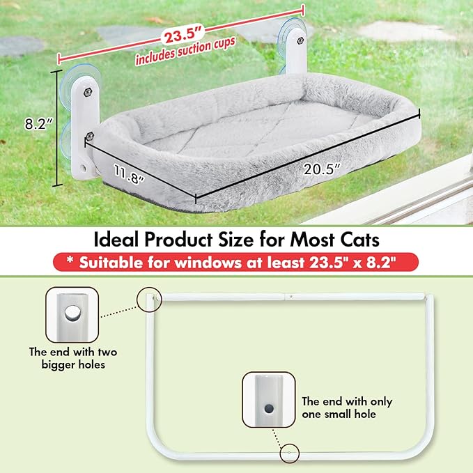 Cat Window Perch, Cordless Cat Hammock Window Seat with Cozy Pad Bed Cover for Indoor Cats, Durable Metal Frame Support Cat Bed with 4 Suction Cups for Large Cats (Cushion Pad Bed - Grey)