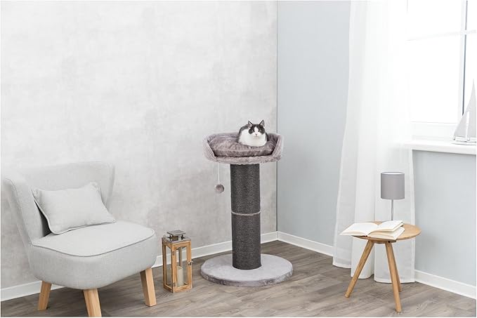 TRIXIE Pepino Cat Scratching Post 35 Inch - Cat Scratcher with Soft Fabric Covering Base and Durable Sisal Rope - with Platform Bed & Dangling Cat Toy - in Gray