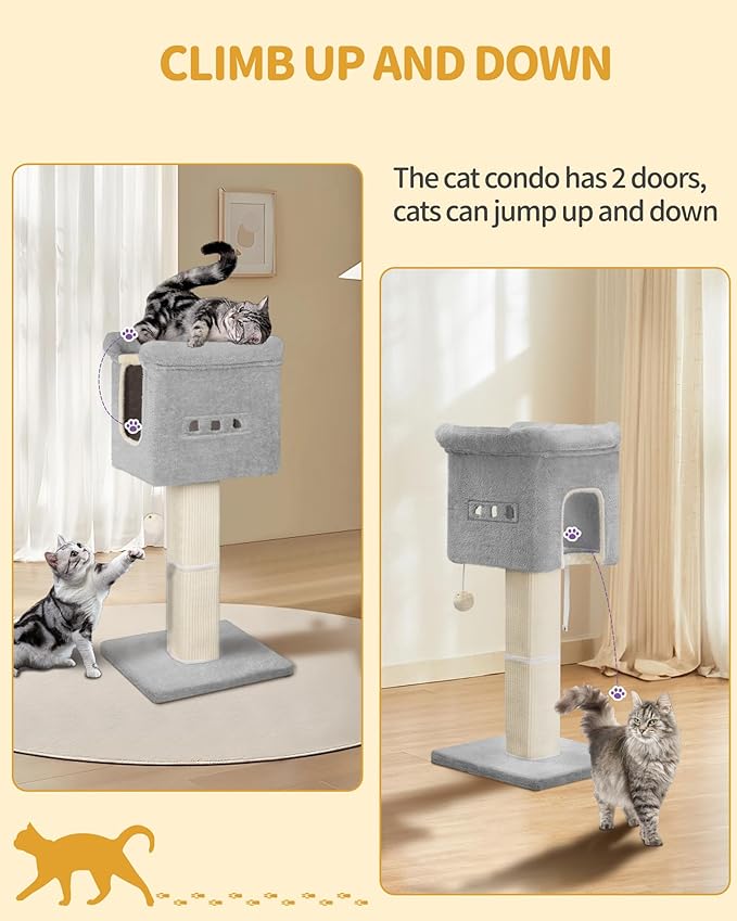 39-Inch Cat Scratching Post Tower with Bed, Cat Tower with LED Light Strip, Cat Scratcher Post with Woven Sisal, Condo, Pompom, Light Gray MS99018LG