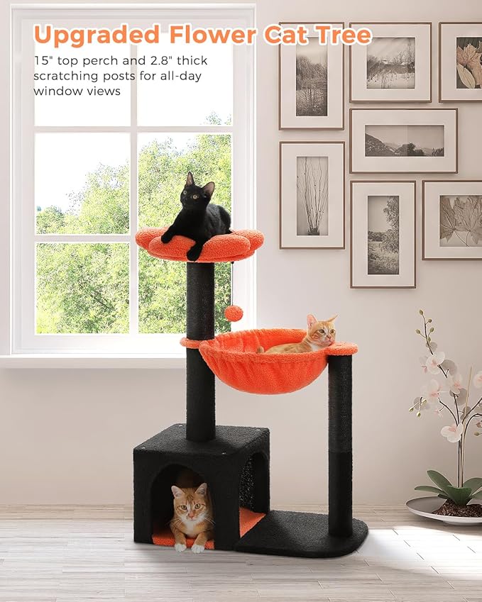 Halloween Cat Tree with Yellow Flower Perch - Black Scratching Posts, 35" Coffin Cat Tower with Large Hammock Cat Condo for Small Indoor Cats, Yellow Pumpkin Cat Bed for Kittens,Orange