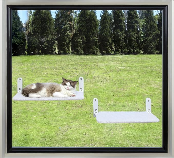 Easy Fold Cat Window Perch - Cordless, Fold-Up, Zip Closure Embeded Machine Washable Bed Cover, Robust Metal Frame - Cat Hammock for Window for Large Cats and Kittens (White, Large)