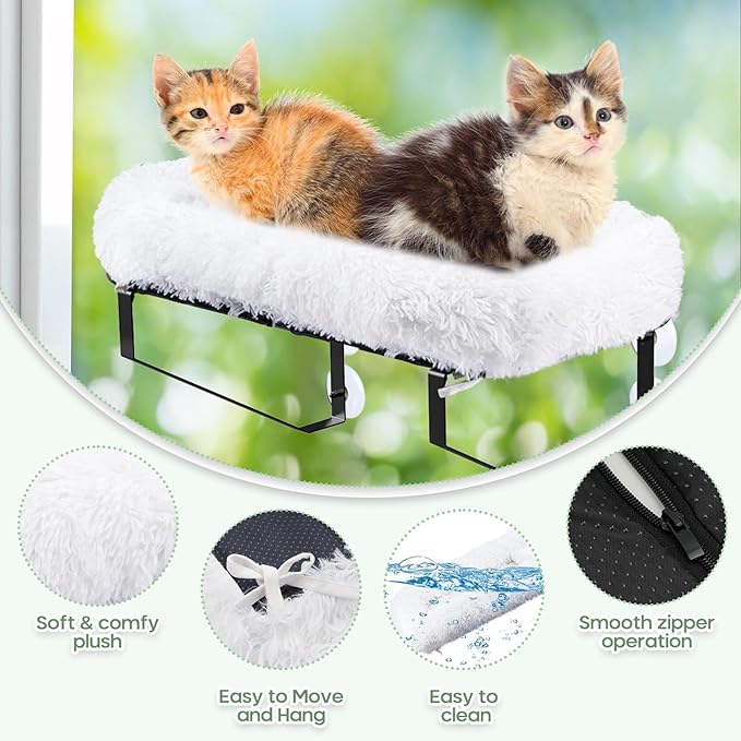 Cat Window Perch, Large Cats Window Hammock Bed Metal Shelf Perch Seat with Thermal Blankets & 6 Strong Suction Cups as Cat Wall Furniture Tree Accessories for Inside Sunbathing Napping Overlooking