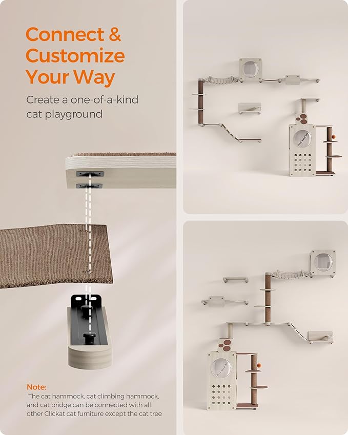 Feandrea Clickat Planet - Cat Wall Furniture, Set of 10, Cat Tree, Scratching Post, Shelves, Hammock, Bridge, Feeder, Extremely Quick Assembly, Unlimited Expandability, Replaceable Module and Parts