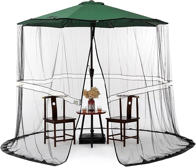 9/10FT Mosquito Net for Patio Umbrella Outdoors Screen Polyester Hanging Tent （Mosquito Net Only） (9FT/10FT(with Light))