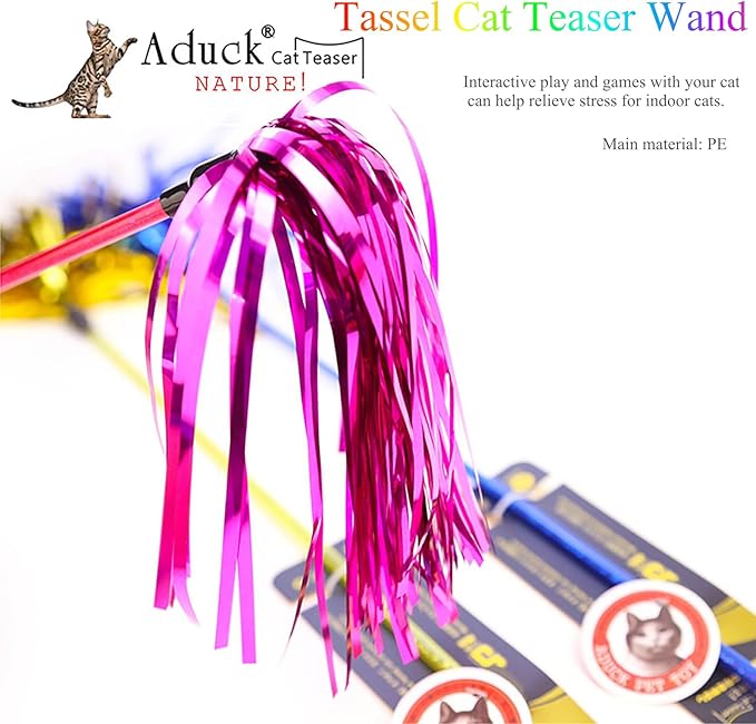 ADUCK Cat Toys Interactive Teaser Wand Toy with Tassels Worms Catcher for Cats Kitten, Pack of 3 (Gold + Blue + Pink)