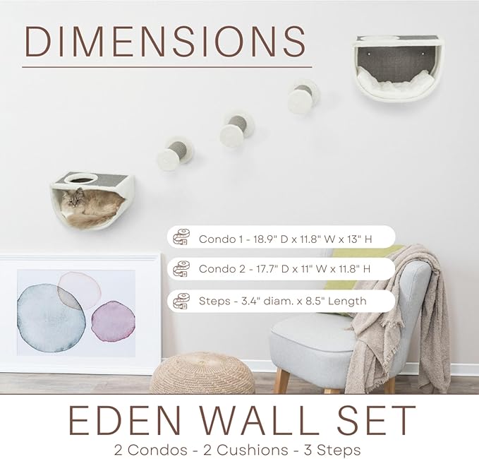TRIXIE Eden Wall Mount Cat Tree 5pc Set, 2 Condos and 3 Perches/Steps, Scratching Post, Gray