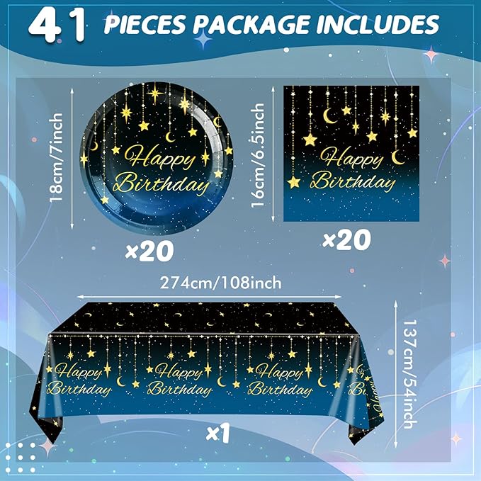 41Pcs Happy Birthday Party Decorations, Galaxy Night Party Tableware Set Includes 20 Plate 20 Napkins and 1 Tablecloth, Blue Starry Sky Birthday Theme Party Supplies for Mens Women Party Favors