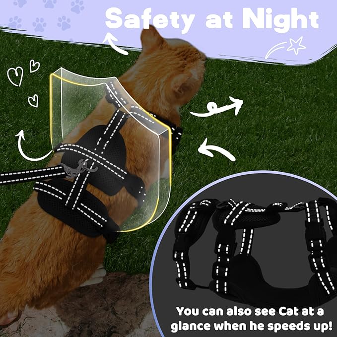 Fully Escape Proof Cat Harness and Leash Set for Walking, Adjustable Soft Kitten Vest with Reflective Strip for Small Medium Large Adult Cats, Breathable Kitty Harness,Black M