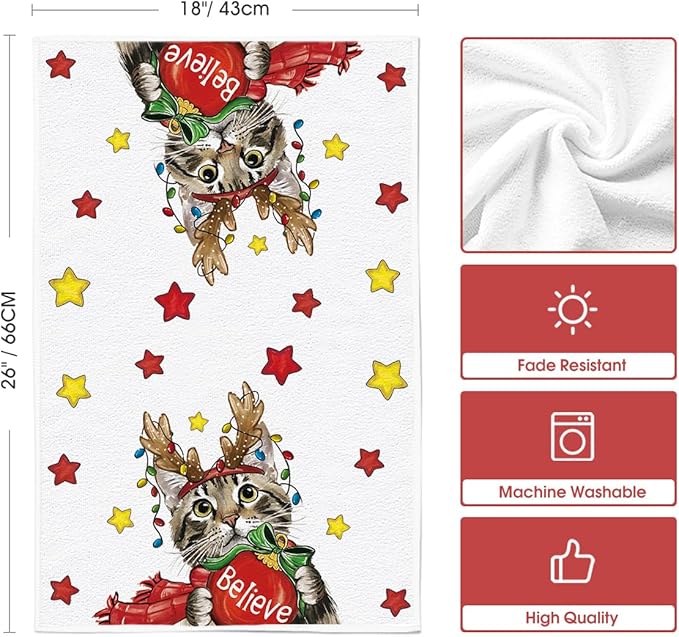 Artoid Mode Red Cat Merry Christmas Kitchen Towels Dish Towels, 18x26 Inch Star Xmas Ball Believe Daily Winter Decoration Hand Towels Set of 2
