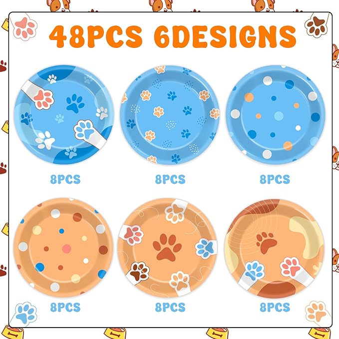 48Pcs 7" Blue Dog Birthday Party Paper Plates Puppy Party Supplies Blue Paw Dessert Tableware Set Paw Shaped Disposable Dinnerware Plates for Kids Girls Cartoon Birthday Decorations Party Favors