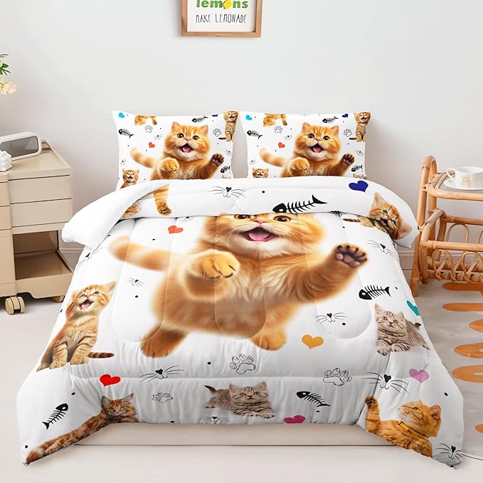 AILONEN Kids Kitten Cat Comforter Set Queen Size,Kawaii Cat Bedding for Girls,Cute Pet Animal Cat Duvet Set 3 Piece,1 Comforter with 2 Pillowcases,Cartoon