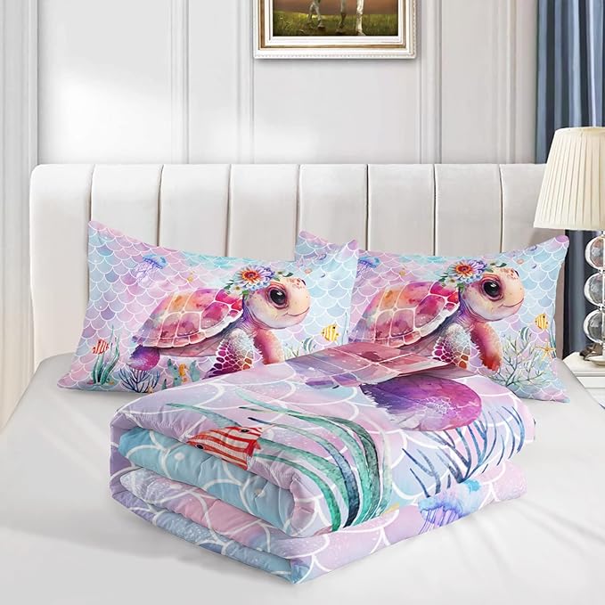 Axolotl Turtle Bedding Set Twin,Colorful Underwater World Comforter Set for Kids Boys Girls Teens,Ocean Comforter Set with Jellyfish,Kids Bedding Set Print Colorful Fish Scales,1 Quilt 2 Pillowcases
