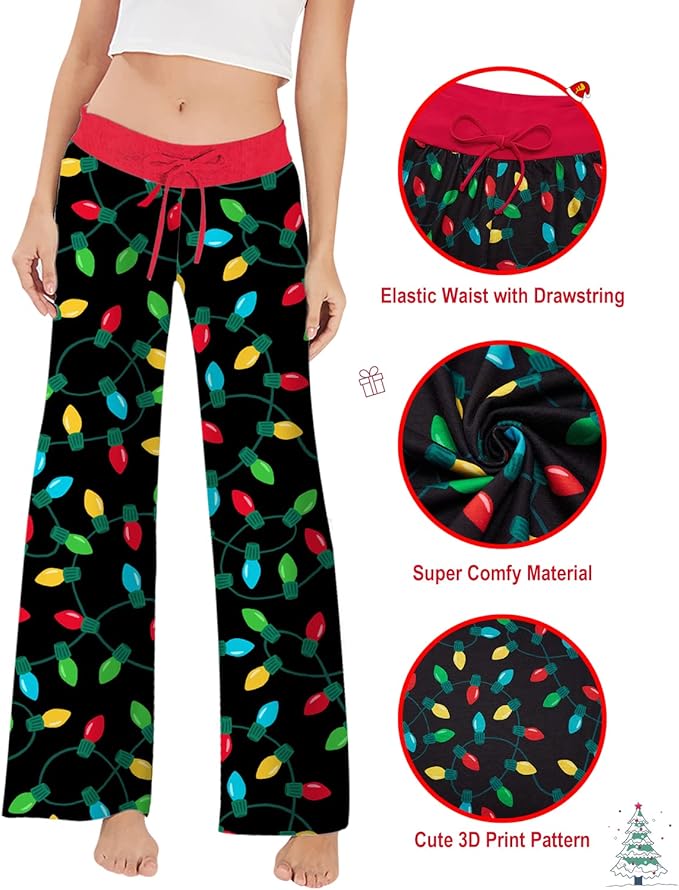 ALISISTER Christmas Womens Pajama Pants Casual Comfy Sleepwear Wide Leg Drawstring Bottoms