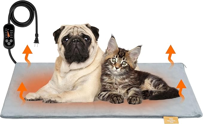 azuza Pet Heating Pad for Dogs and Cats, 6 Adjustable Temperature with Timer, Waterproof and Chew-Resistant Cord, Comfortable Fabric Dog Heating Mat, Auto Power-Off(16"x28")