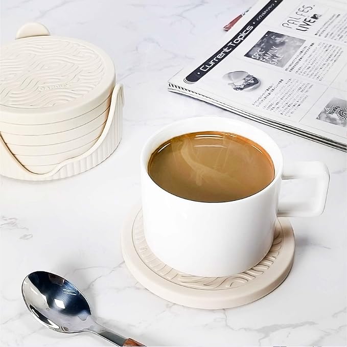 6 Pack Cute Dog Pattern Coasters with Deep Tray Holder, Double Sided Drink Coasters, Beverage Mats for Hot or Cold Drinks, Non-Slip, Non-Stick Silicone with Ceramic Insert Pet Patterned Coaster