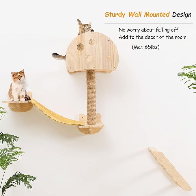 Wall Mounted Cat Tree House Mushroom Cat Shelf for Wall Climbing Solid Wood Indoor Cat Wall Furniture