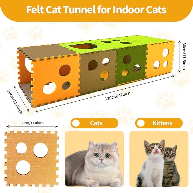 16 Pcs DIY Cat Play Tunnel, Foldable Cat Hideaway Cave Felt Cat Tunnel, Soft Felt Pet Kitten Play Tubes and Tunnels with Interactive Peek Hole, Cat Tunnel Bed for Indoor Cats